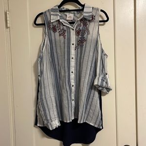 Know Rose open shoulder button up embroidered top